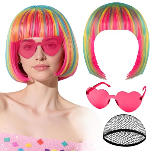 PLULON Pink Blue Bob Wig with Heart Sunglasses Hair Cap Neon Colored Wig