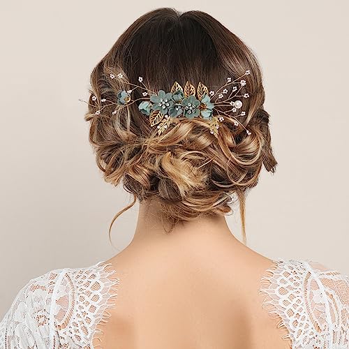 Minkissy Wedding Hair Comb, Pearl Crystal Decor Clip Pin Rhinestone Flower Wedding Hair Accessories for Bride Bridesmaid (Green)