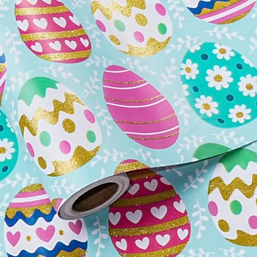 LeZakaa Easter Wrapping Paper Roll Glitter Gold Foil Easter Egg in Light Blue for Spring Party Kids and Family Celebration Gifts Mini Roll 17 in x 16.4 Ft