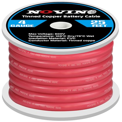 4 Gauge Marine Battery Cable 600V 4 AWG 25ft Tinned Copper Battery Cable for Boat Wiring Marine Automotive RV Camper Trailer Car Truck Motorcycle Kubota Tractor