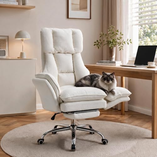 Le migliori sedie da gaming bianche Sedia Gaming Ergonomica, Bouclé Bianco Ufficio con Poggiapiedi Girevole