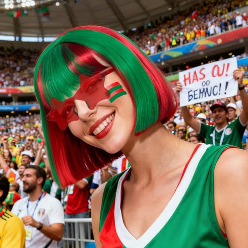 Image of ANOGOL Hair Cap + (Sunglasses) Green Red Bob Wig with Bangs Womens Green Red Party Wigs with Sunglasses Short Neon Wig Fun Wigs Halloween Costume Christmas Hair Sports Event St Patrick Day