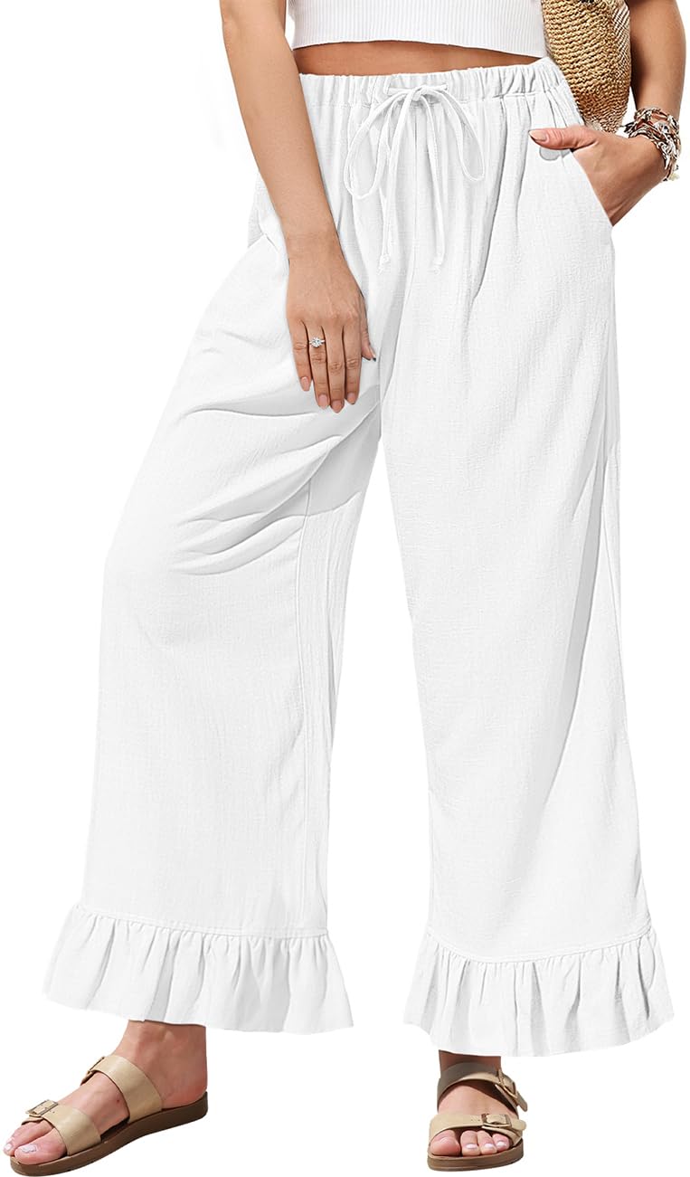 TARSE Women’s Linen Casual Pants Flared Leg Wide Leg Drawstring Ruffle Harem Palazzo Pants with Pockets