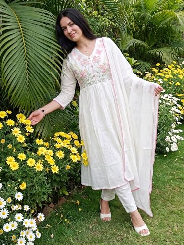 Image of INDO ERA Women's Pure Cotton Embroidered Thread Work Kurta & Pant with Dupatta Set (IEAI13046)