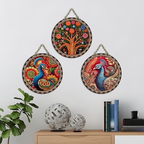 Artvibes Peacock Art Round Shape MDF Wooden Wall Decor Items | Home Decor | Wall Accent | Scenery For Drawing Room | Wall Art Print | Door Hanging Art Items | Unique Gift Items (WH_9904N), Set of 3