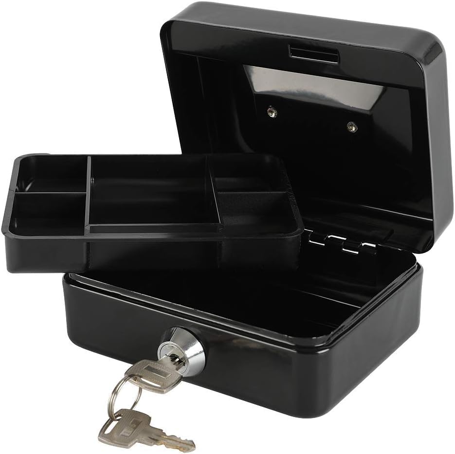 Image of Wosta Cash Money Safe Box - Compact Solid Steel Lockable Security Storage Chest for Loose Money, Coins, Change & Valuables with 2 Keys (Medium)5.9 inch x 3.1 inch x 4.7 inch Black