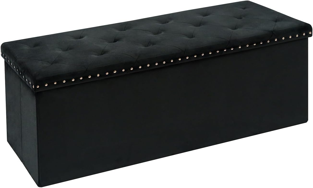 Velvet Storage Ottoman Bench, 43.3" Upholstered Tufted Ottoman with Storage, Folding Footrest Bench for Bedroom, Living Room, or Entryway, Black