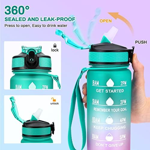 Yirochan 1 Litre Water Bottle with Time Markings - Leakproof Sports Water Bottle with Straw, BPA Free Drinking Bottle Sports Bottle for Men Women Cycling Hiking Running Gym
