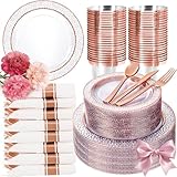 Ciaell 350PCS Rose Gold Plastic Plates - Clear Rose Gold Disposable Plates with Plastic Silverware include 100Plates, 150Silverware, 50Cups, 50Napkins for Wedding & Party & Mother's Day