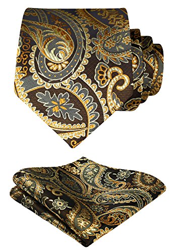 Image of HISDERN Extra Long Ties for Men Classic Floral Tie and Pocket Square Elegant Silk Necktie Handkerchief Set Wedding Party
