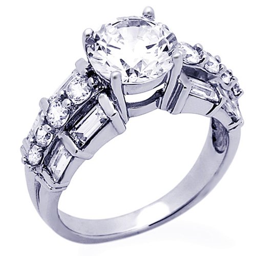 Sterling Silver Wedding Ring 2 Carat Round Cz Stone Baguette Accented Solitaire Wedding Engagement Ring (Size 5 To 8) #TOP1
