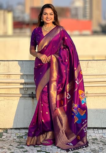 Image of SGF11 Women's Kanjivaram Paithani Silk Saree With Unstitched Blouse Piece