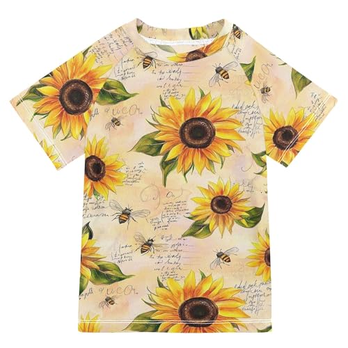 Vintage Sunflowers Bees Girl Bathing Suit Short Sleeves Workout Shirts Swimwear Beach Tops 3T