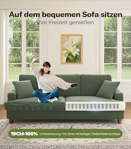 Kidirect Cord Sofa 3 Sitzer, 221CM Bequemes Couch 53CM Extra Tiefe Sitze, Sofa Wohnzimmer Werkzeugfreie Montage, Big Sofa Couch mit 2 Kissen, Modernes Couch fürs Büro, Schlafzimmer Sofas Waldgrün