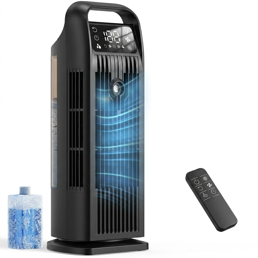 Condizionatore Portatile 6 in 1, Climatizzatore Silenzioso con Raffreddatore d'Aria 1200ml, Oscillazione 120°, Timer 1-12H, 4 Velocità, Controlli Tattili e Telecomando(Nero notte)