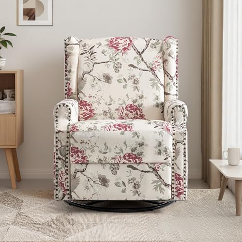 Image of Swivel Rocker Recliner Chair Set of 2, 360 Swivel Wingback Recliner Chairs for Adults, Upholstered Printed Fabric Glider Rocking Chair with High Back, Deep Seat for Living Romm Bedroom, Plants Floral
