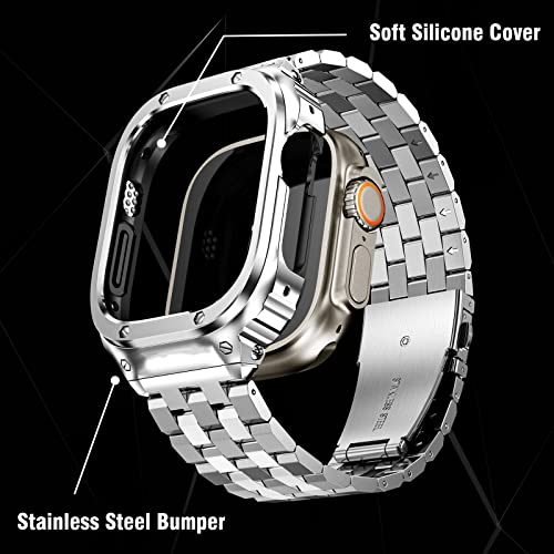 Image of SUPLINK Stainless Steel Case with Bands Compatible with Apple Watch Ultra 2 Band / 1 / Apple Watch Ultra 3 Band 49mm, Metal Rugged Protective Bumper Adjustable Strap for iWatch Bands Men, Silver