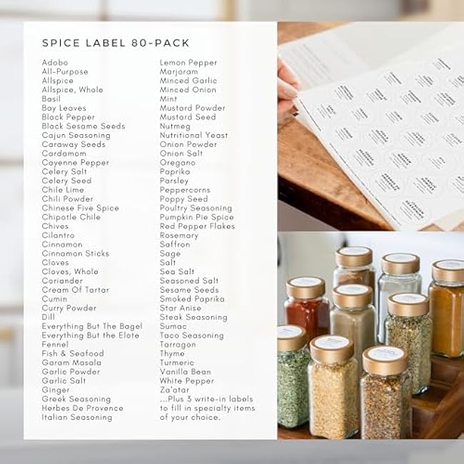 Paper & Pear Round Spice Jar Labels Preprinted Waterproof - Modern Style White Spice Labels Stickers Preprinted Waterproof - Oil & Tear Resistant Seasoning Stickers - Set of 80, 1.35 Inches (No Jars)
