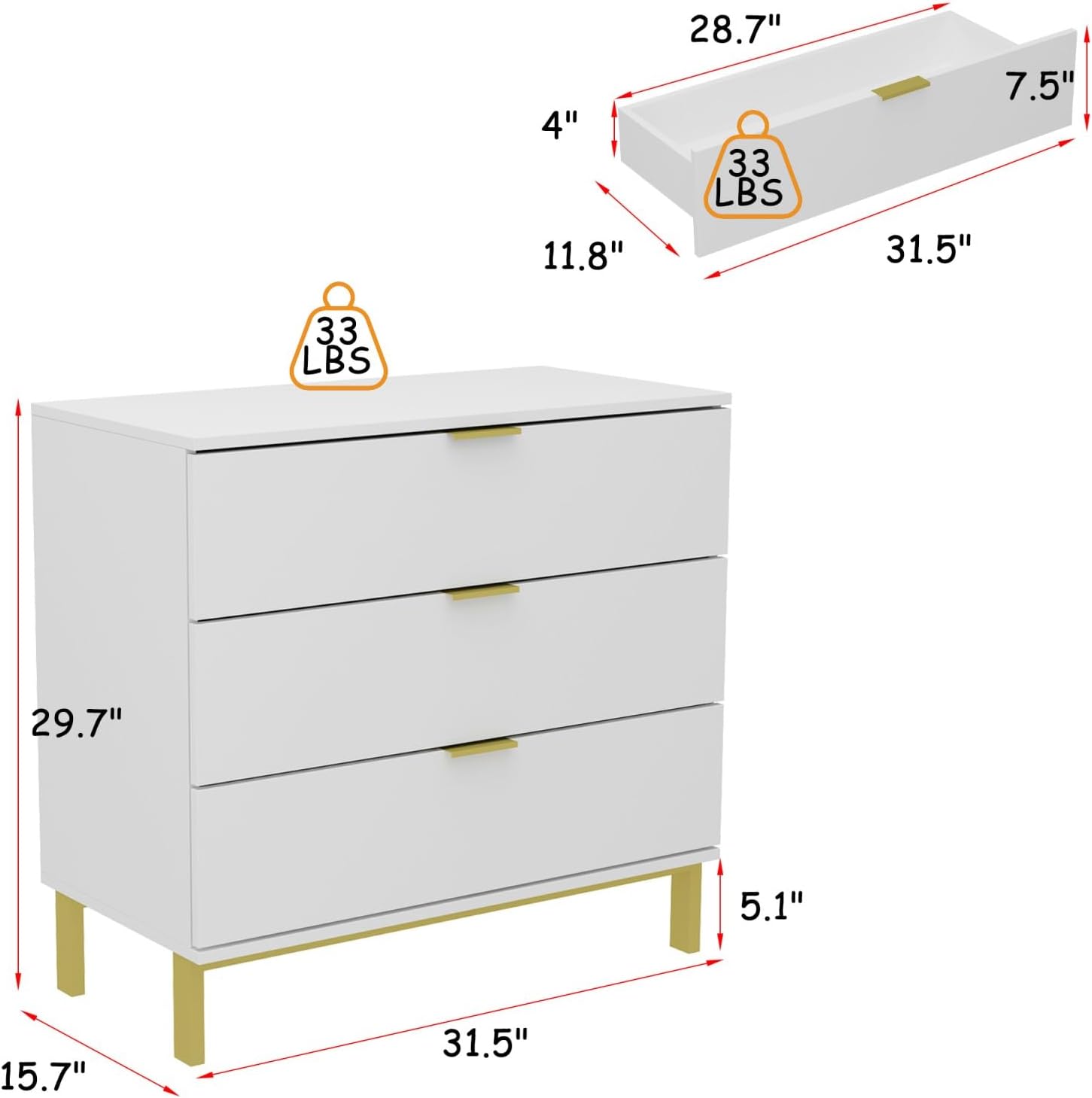 Diagram showing the dimensions of the FUFU&GAGA White Nightstand and its individual drawer components.
