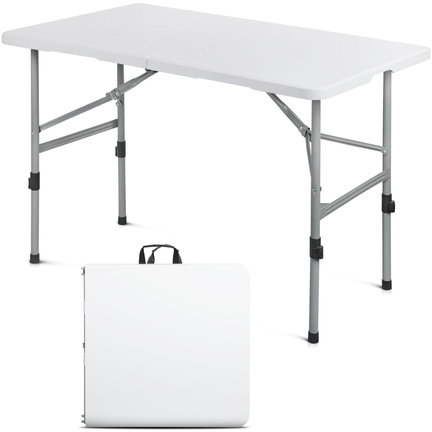 48 inch folding table with carry handle, portable heavy duty plastic utility table with steel legs for party, wedding, camping, indoor, outdoor event, white