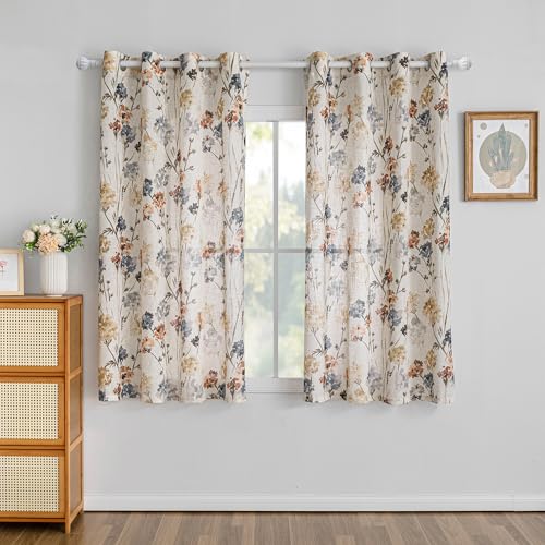 Image of MYSKY HOME Linen Floral Curtains & Drapes 63 Inch Long 2 Panels Semi Sheer Light Filtering Privacy Flower Print Grommet Window Treatments for Kitchen Bedroom, 52 inch Wide Each Panel, 2 Pcs, Yellow
