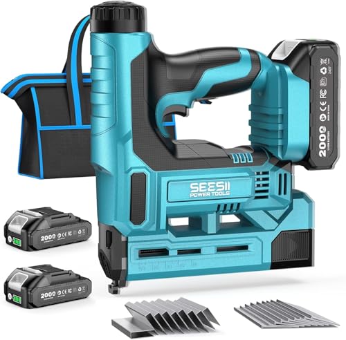 SEESII 18GA Nail Gun Cordless with Battery, 2-in-1 Brad Nailer & Staple Gun | 2×2000mAh batteries, 1000-pc nails & staples, 6-stage dial, jam-free, contact safety. For softwood/OSB/plywood. Not for oak