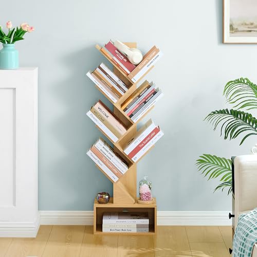 Image of Hoctieon 6 Tier Tree Bookshelf, Tall Bookcase with Drawer, Freestanding Book Shelf, Display Floor Standing Storage Shelf, Book Organizer Shelves for Home Office, Living Room, Bedroom, Yellow