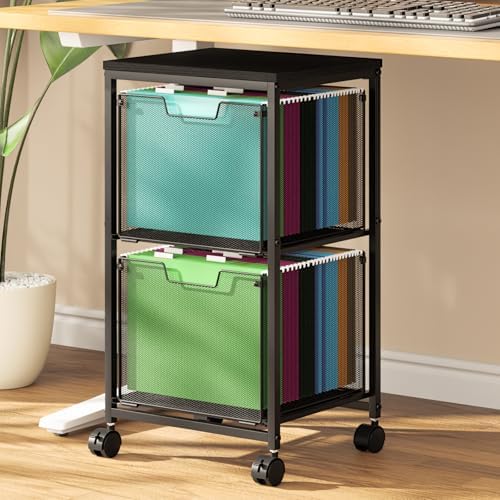 Sbanmao Rolling File Cart with 2 Storage Drawers, File Cabinet with Wheels, Hanging File Folder Organizer, Under Desk Storage, Printer Stand Utility Cart Filing Cabinet for Home Office,Black