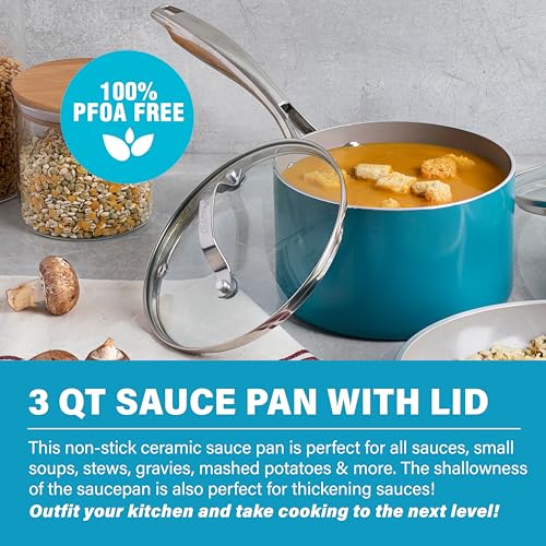 Gotham Steel 3 Quart Saucepan with Lid, Ceramic Nonstick 3Qt Sauce Pan Pot for Cooking, Non Toxic PFOA PFOS Free, Stay Cool Handle, Oven & Dishwasher Safe