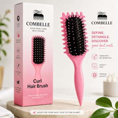 Image of Combelle 5-in-1 Curl Hair Brush | Vegan Boar Bristles | Bio-Based PLA Handle | Detangling, Defining & Frizz Control for Curly & Wavy Hair | For Men & Women - Red