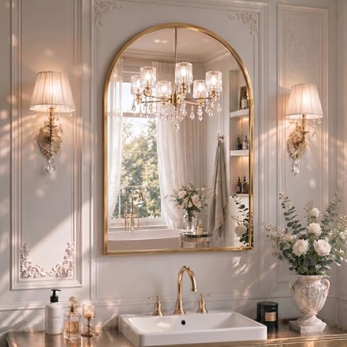 Image of 20 inchx30 inch Arched Gold Bathroom Mirror - Metal Framed with HD Shatter-Proof Glass, Wall-Mounted for Over Sink, Entryway, Living Room, Bedroom