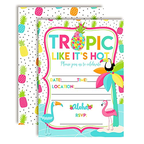 Tropic Like It's Hot Tropical Summer Birthday Party Invitations, 20 5x7 Fill In Cards with Twenty White Envelopes by AmandaCreation