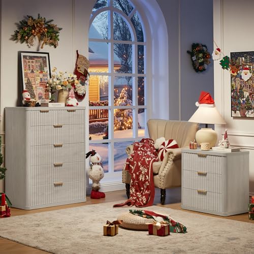 Image of LEYAOYAO 23 inch Wide Fluted Night Stand with Charging Station, 3 Drawers Large End Table with Storage, LightGrey Nightstand Wood Bedside Tables, Farmhouse Cabinet Dresser for Bedroom, Closet