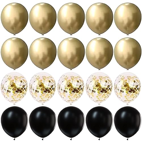 Yukiyi 20pcs 12 Inches Gold and Black Balloons Set, 10 x Metallic Balloons, 5 Confetti for Wedding Anniversary Baby Shower Birthday Party