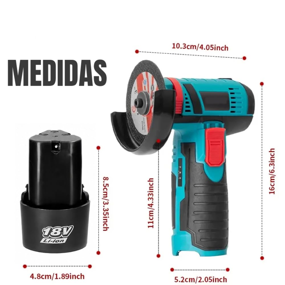 Mini Amoladora Angular Inalámbrica LHD de 18V con 2 Baterías, Cargador, 2 Discos de Corte y Maletín de Transporte.