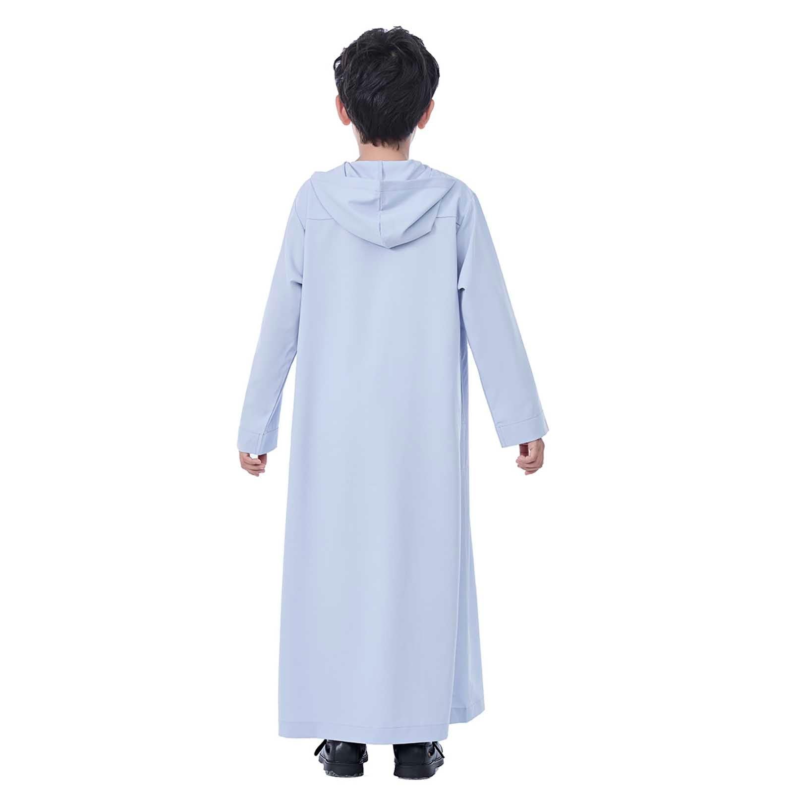 Eid ubrania dla chłopców z długim rękawem z kapturem biały Thobe zamek muzułmański szlafrok wygodny islamski arabski dubaj hidżab szlafrok Jubba na meczet Eid ul-Fitr nabożeństwa i uroczystości