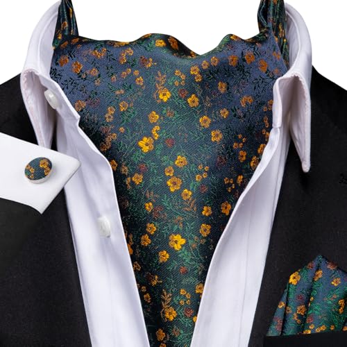 Image of Hi-Tie Silk Ascot for Men Self Tie Men's Cravat and Flower Lapel Pin Handkerchief Cufflinks Set for Wedding Party