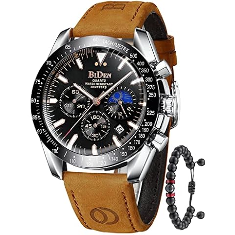 Mens Watches Chronograph Watch for Men Analog Quartz Watch Stainless Steel Waterproof Men's Wrist Watches Fashion Business Casual Watch Date Luminous Moon Phase Watch for Men Father's Day Gift Cover