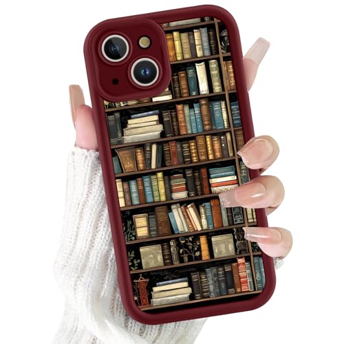Saqmkil Cover per iPhone 14, Aesthetic Libreria Collage Carina Disegni Ragazze Donne Custodia, Morbida Silicone Sottile TPU Bumper Antiurto Protettiva Case per iPhone 14 6,1', Rosso
