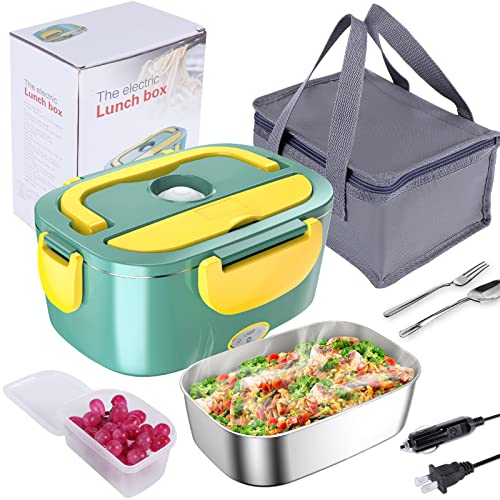 Electric Lunch Box Portable Food Heating 2 in1 Lunch Box Fast Heating, 12V/24V/110V 60W, 1.5L Removable Stainless Steel Container, with Fork Spoon Bag for Car Truck Home Work