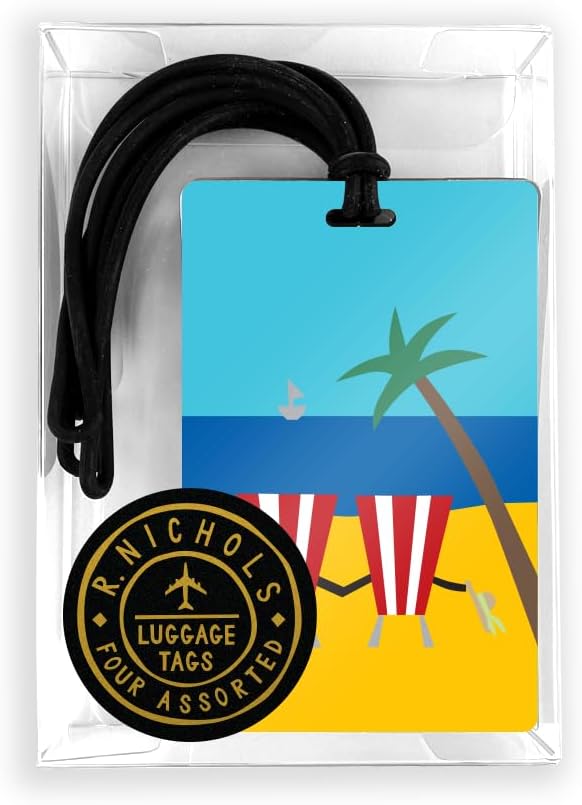 R. Nichols Tropical Vacation Luggage Tag Set - Sturdy Waterproof Plastic Travel Labels for Baggage, Suitcases, Backpacks, and Diaper Bags, 4 Assorted 2.5 Inch x 4 Inch Tags With Black Loop Attachments