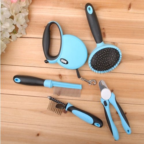 Pet Grooming Tool Set With Retractable Leash Comb Brush Nail Clipper