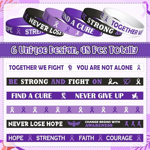WATINC Purple Ribbon Awareness Silicone Bracelets Set, Hope Faith Stretch Wristband,Motivational Rubber Bracelet for Domestic Violence Animal Abuse Lupus Epilepsy Pancreatic Cancer Alzheimer (48Pcs)3