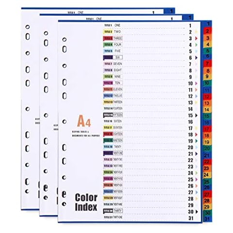 31-Tab A4 Plastic Binder Dividers, Multicolor Index Tabs, Reinforced 11-Hole Fits Most 2/3/4 Ring Binder, Number Tabs Binder Dividers, 3 Set Cover