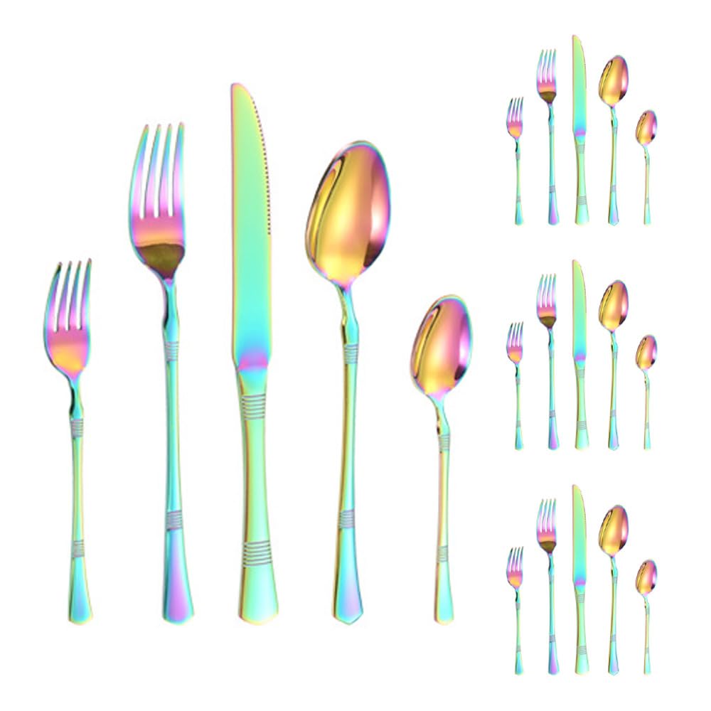 Besteckset aus Edelstahl, 20-teilig, bunt, mit horizontal gestreiftem Griff, Besteckset mit Steakmesser, Gabel, Löffel und Teelöffel für Küche und Esszimmer (bunt)