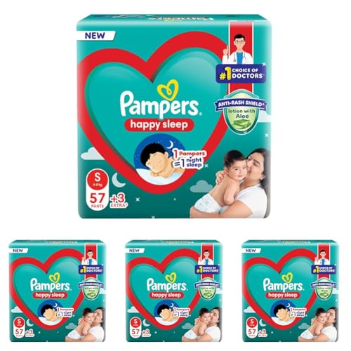 Image of Pampers Happy Sleep Pant Style Baby Diapers, Small (S), 60 Count, 1 Pampers : 1 Night Sleep, with Anti Rash Shield, 4-8 Kg Diapers (Pack of 4)