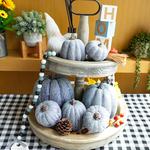 Image of Winlyn 7 Pcs Assorted Sizes Artificial Denim Blue Pumpkins Decorative Fall Faux Foam Pumpkins for Fall Autumn Thanksgiving Holiday Halloween Party Table Centerpiece Shelf Mantel Decoration