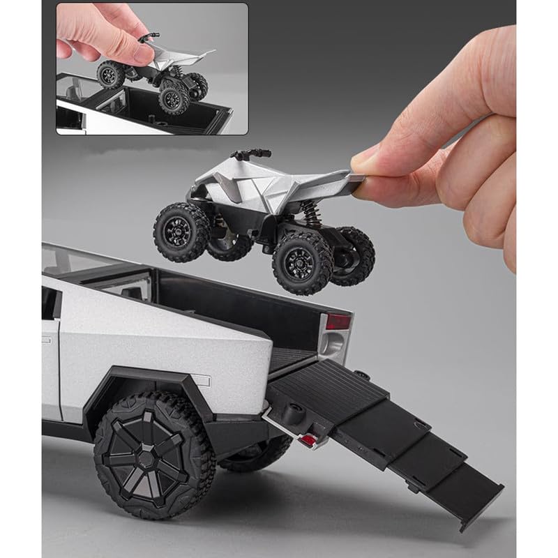 Image of Kids Model 1:24 Cyber Truck Die Cast Metal Car Pull Back Action Opening Doors with Realistic Engine Sound Lights Toy Car Gift for Boys - Silver