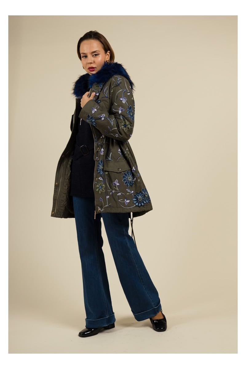 MULTIPLES Manteau kaki brodé de fleurs avec capuche en fourrure bleu, Grande taille disponible, Fabriqué en France