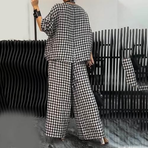 HGps8w Cotton Linen Two Piece Outfits for Women Minimalist Plaid Puff Sleeve Tops & Wide Leg Pants Baggy Beach Vacation Sets3